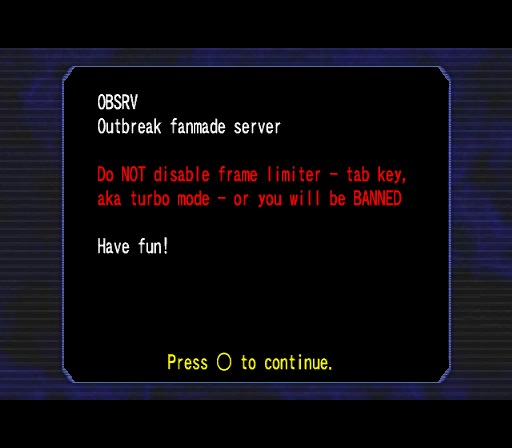 The MOTD screen warning users not to disable the framelimiter or engage 'turbo' mode.